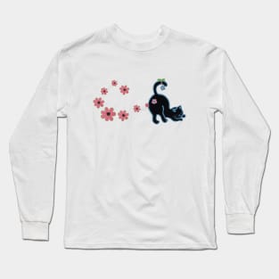 Black cat with pink flowers Long Sleeve T-Shirt